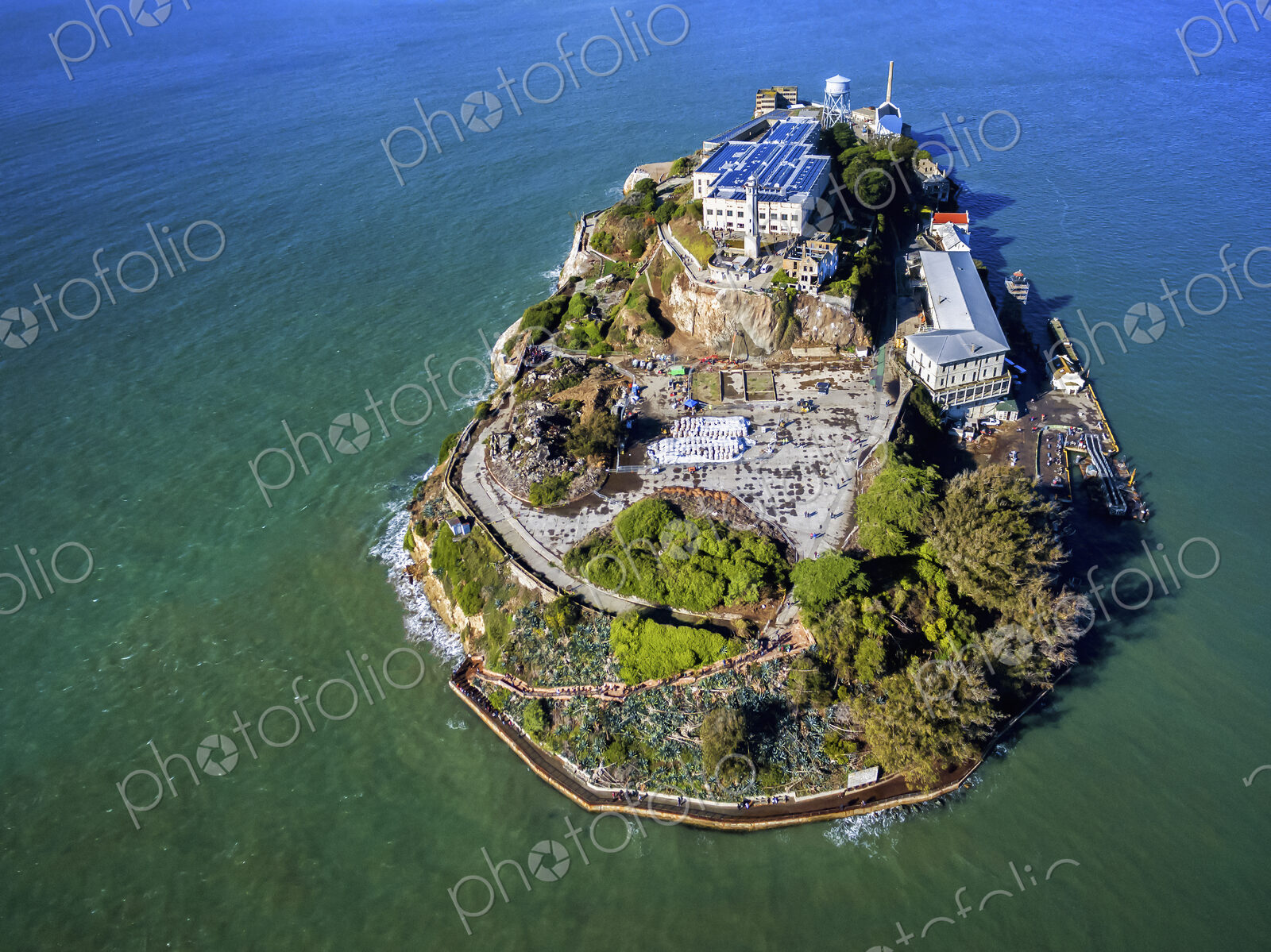 Aerial view of the prison island of Alcatraz in San Francisco Bay.