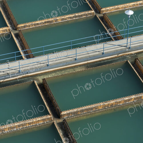 Aerial view of walkway over water treatment tanks Aerial view of walkway over water treatment tanks