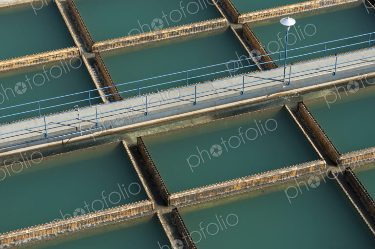 Aerial view of walkway over water treatment tanks
