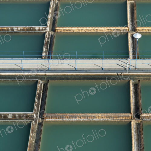 Aerial view of walkway over water treatment tanks Aerial view of walkway over water treatment tanks