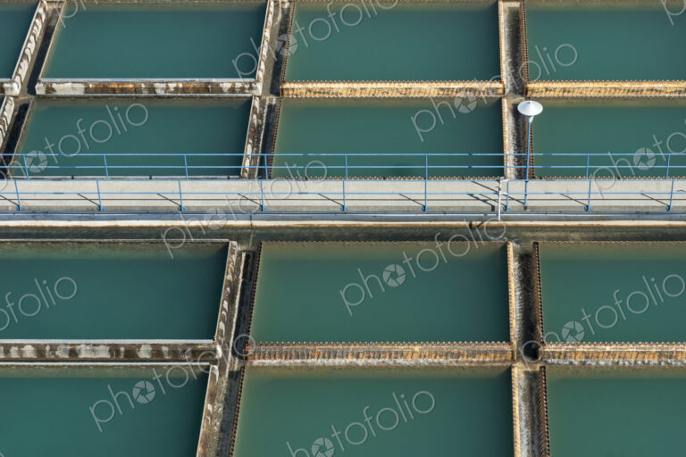 Aerial view of walkway over water treatment tanks