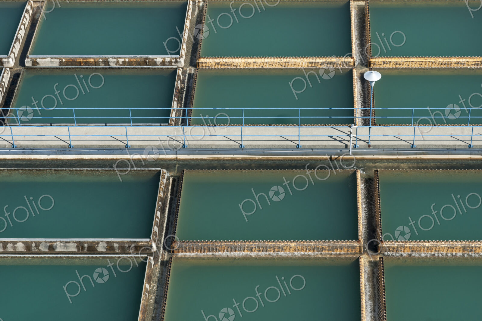 Aerial view of walkway over water treatment tanks