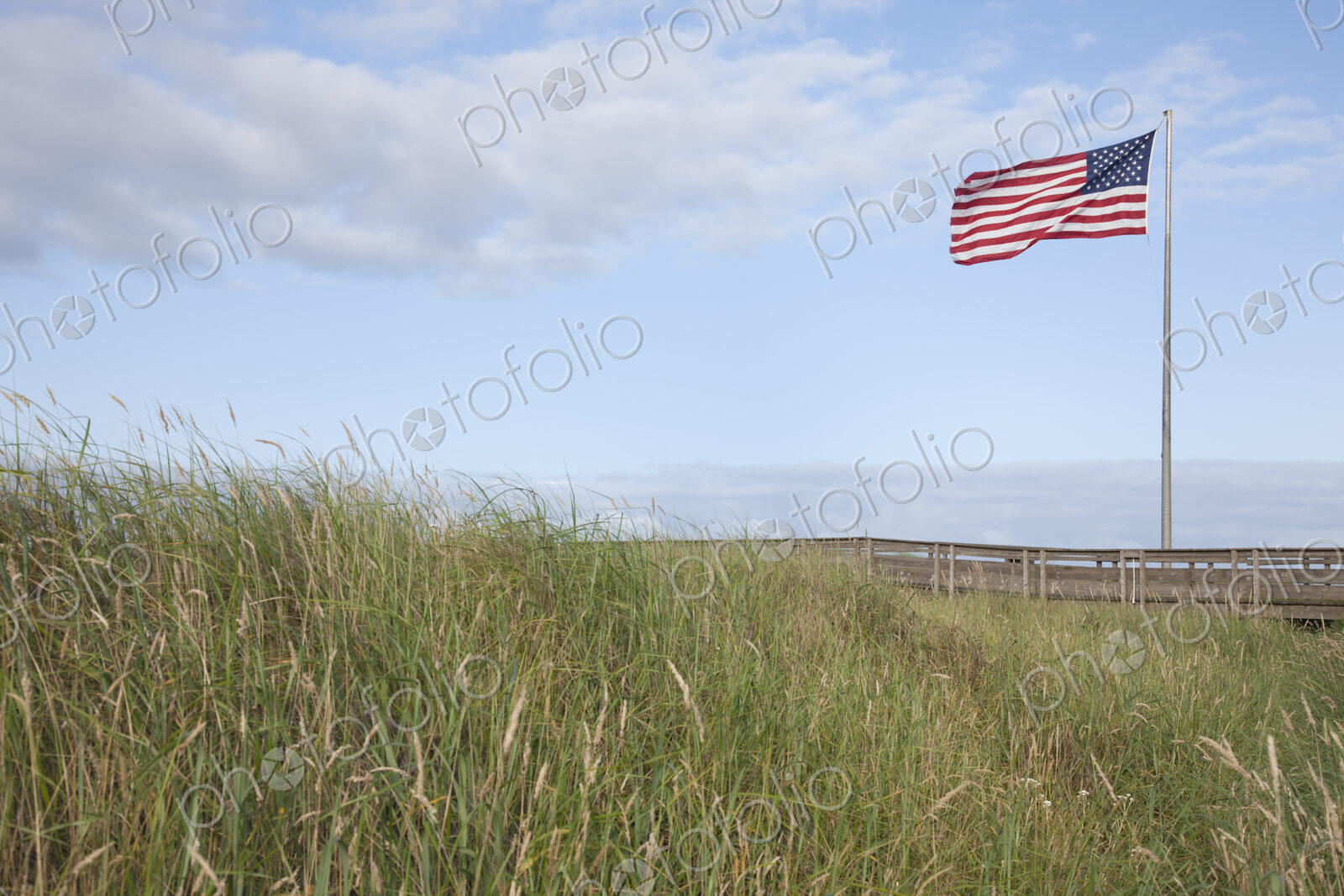 American flag flying in grassland.