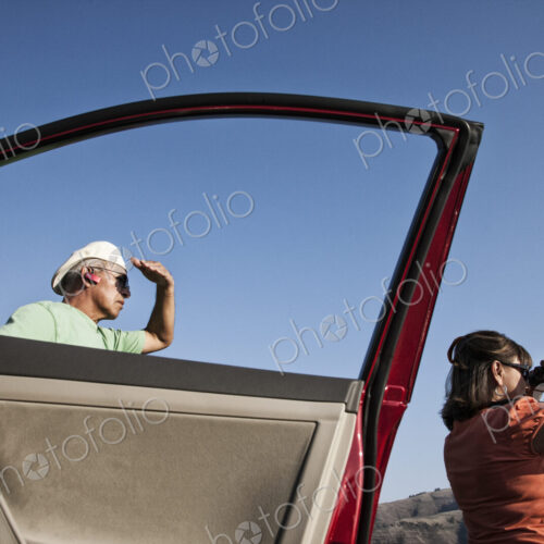 An Hispanic senior couple enjoying the scenery from a rest stop in the Grande Ronde…