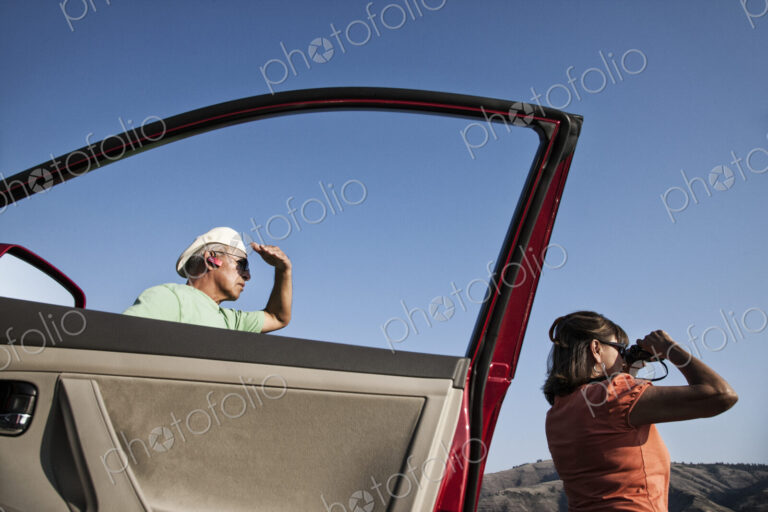 An Hispanic senior couple enjoying the scenery from a rest stop in the Grande Ronde…