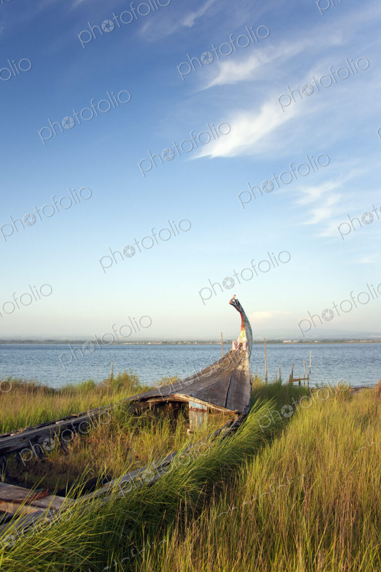 An abandoned wooden moliceiros fishing boat on the dunes overlooking the sea.