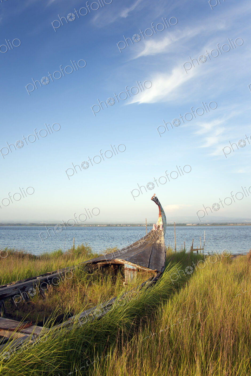 An abandoned wooden moliceiros fishing boat on the dunes overlooking the sea.