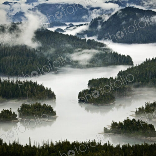 An aerial view of the islands of the Broughton Archipelago, and the mountain region.
