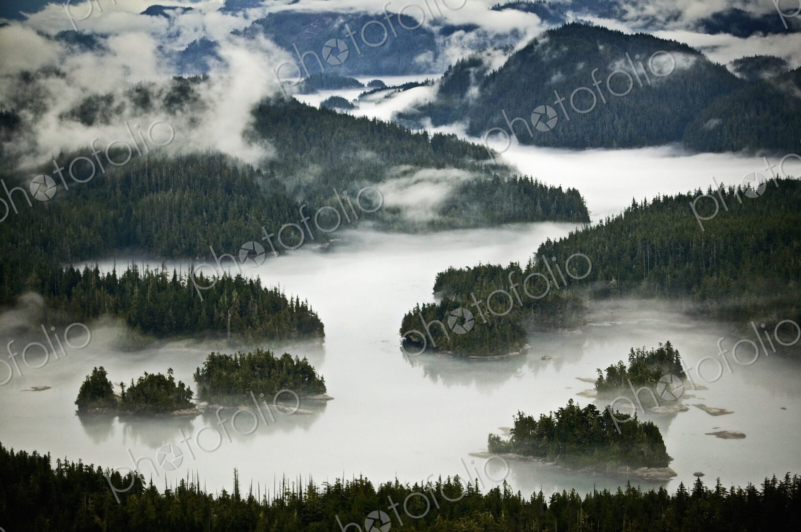 An aerial view of the islands of the Broughton Archipelago, and the mountain region.