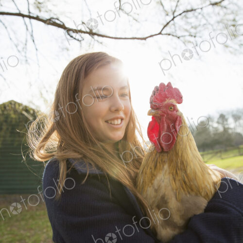 An animal sanctuary. A young girl holding a chicken with brown feathers and a red coxcomb. An animal sanctuary. A young girl holding a chicken with brown feathers and a red coxcomb.