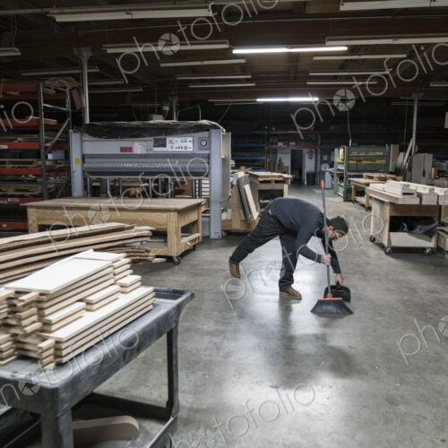 An employee sweeping up after work hours in a large woodworking factory.