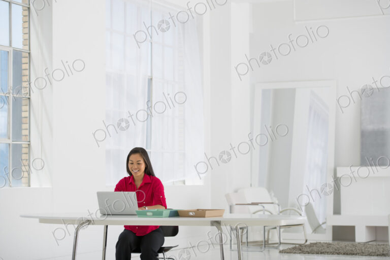 An office in the city. Light and airy working environment. A woman seated using a laptop.