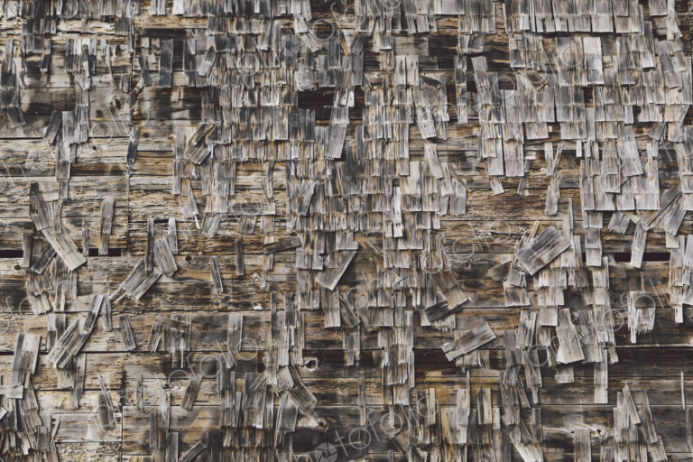 An old farmhouse with wooden shingle tiles on the walls. Silvery grey colours.