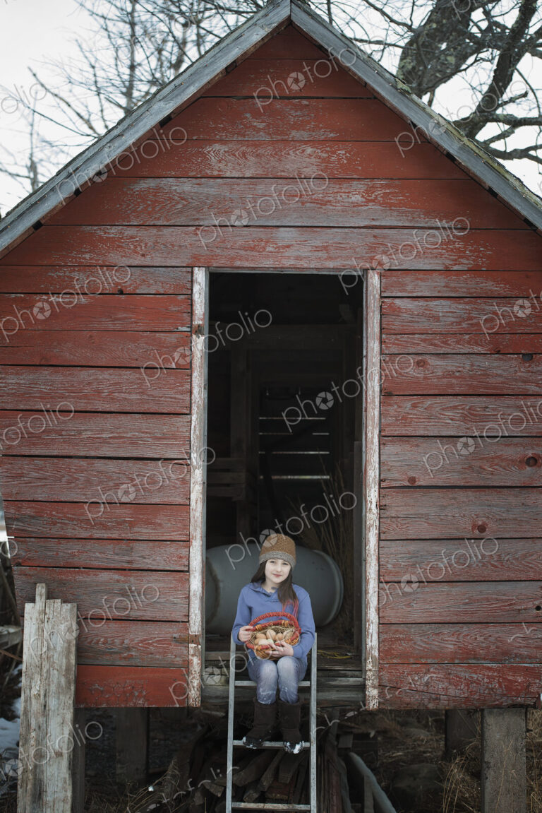 An organic farm in upstate New York, in winter. A girl sitting on the ladder of a…