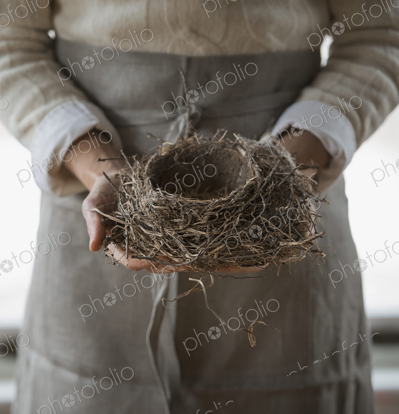 An organic farm in winter in New York State, USA. A woman in a work apron holding a…