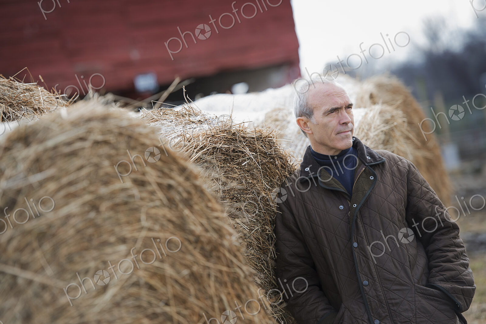 An organic farm in winter. A man standing beside large hay bales.