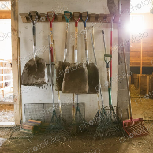 An organic farm. Livestock shed. Rack of shovels, hay rakes and a bootscraper. An organic farm. Livestock shed. Rack of shovels, hay rakes and a bootscraper.