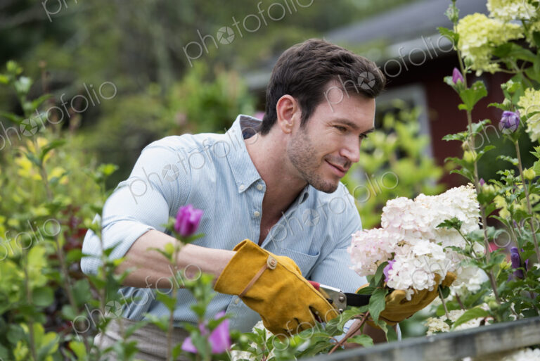 An organic flower plant nursery. A man working, tending the plants.