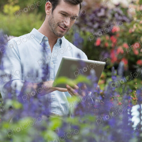 An organic flower plant nursery. A man working, using a digital tablet. An organic flower plant nursery. A man working, using a digital tablet.
