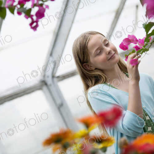 An organic flower plant nursery. A young girl looking at the flowers.