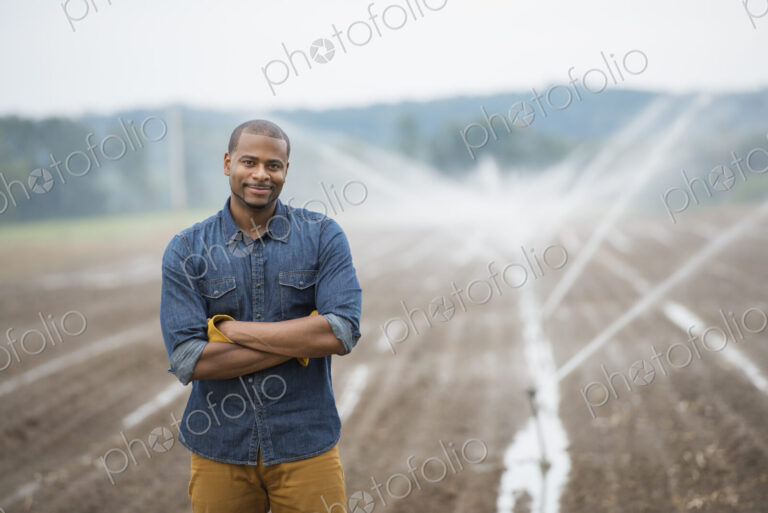 An organic vegetable farm, with water sprinklers irrigating the fields. A man in…