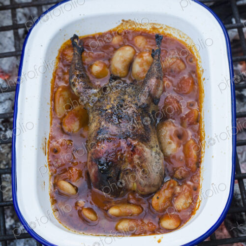 An outdoor cookout, a game bird in a pan braising with vegetables. An outdoor cookout, a game bird in a pan braising with vegetables.