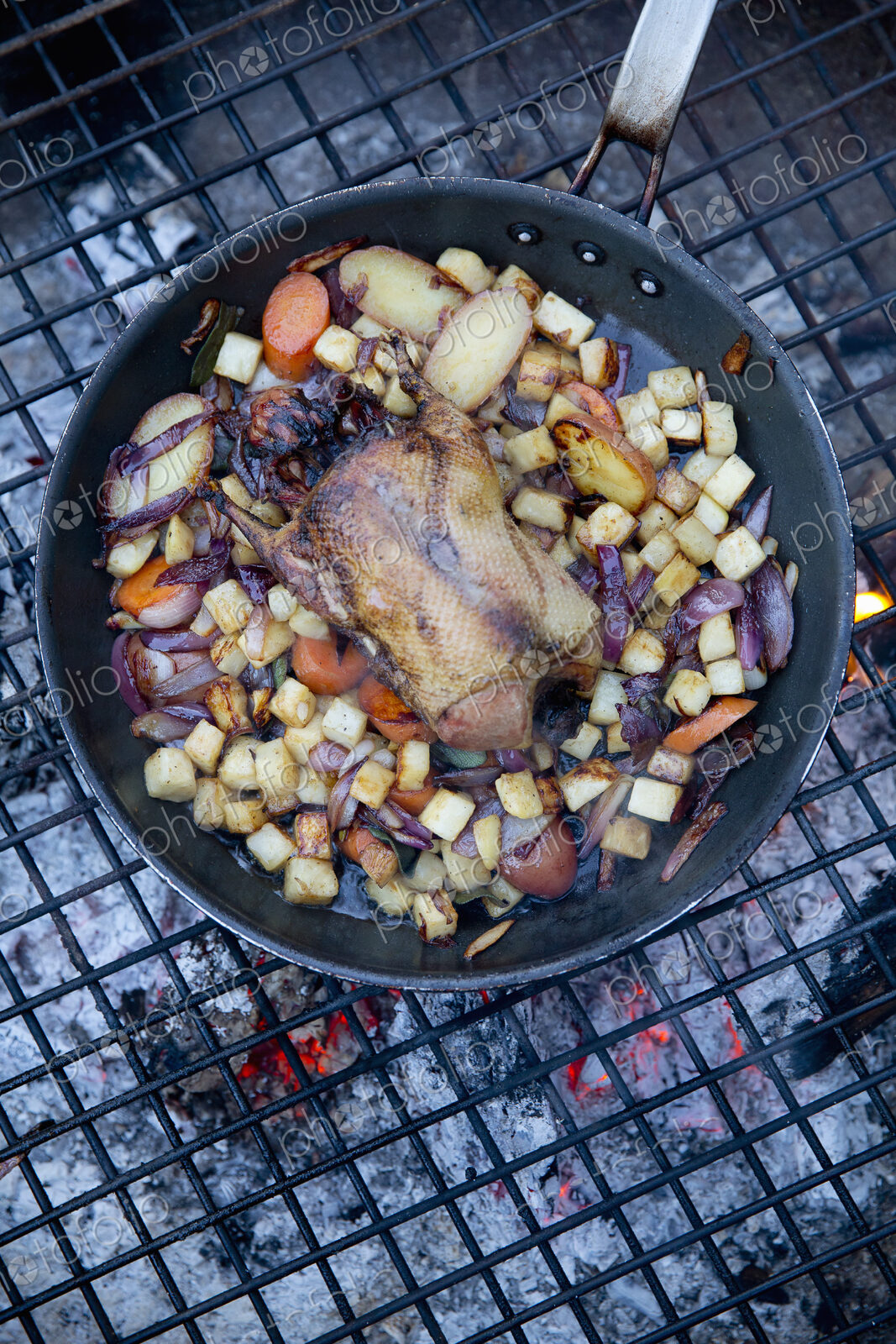 An outdoor cookout, game birds in a pan above a glowing fire.