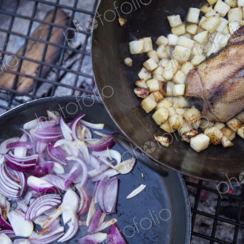 An outdoor cookout, two frying pans with vegetables and a small game bird. An outdoor cookout, two frying pans with vegetables and a small game bird.