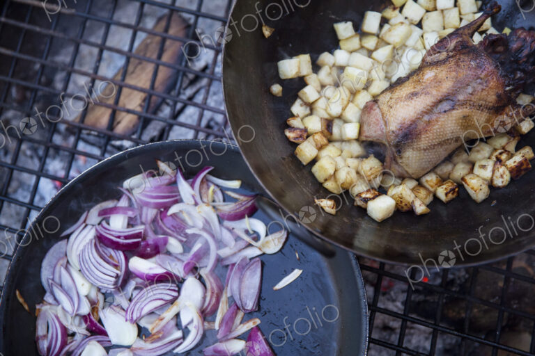 An outdoor cookout, two frying pans with vegetables and a small game bird.