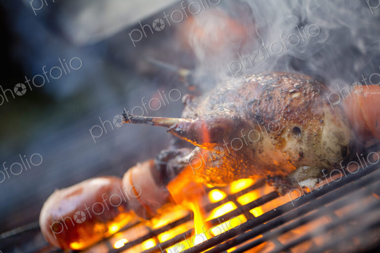 An outdoor cookout. A small game bird being charred over the flames.