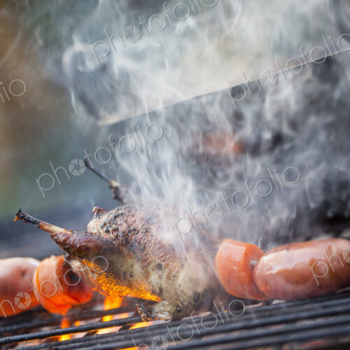 An outdoor cookout. Vegetables and a small game bird cooking over the flames. An outdoor cookout. Vegetables and a small game bird cooking over the flames.
