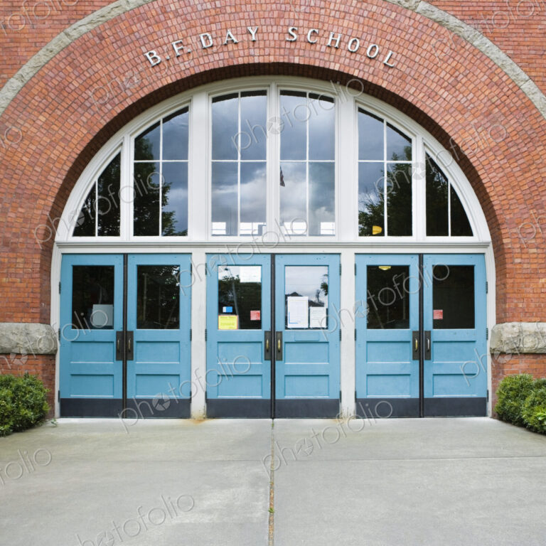 Arched entrance door to school.