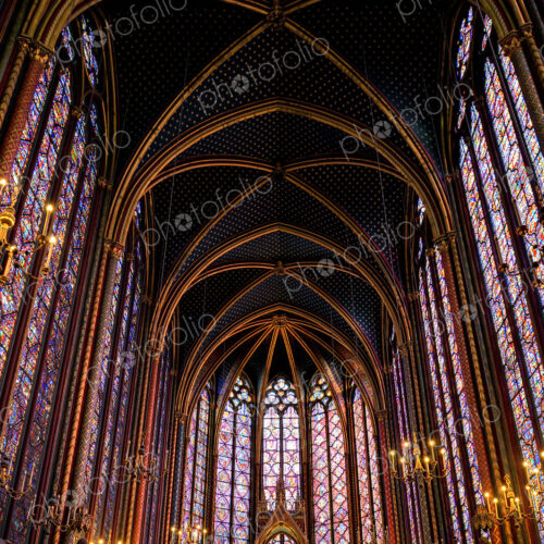 Arched roof of ornate St Chappelle cathedral, Paris, Ile-de-France, France