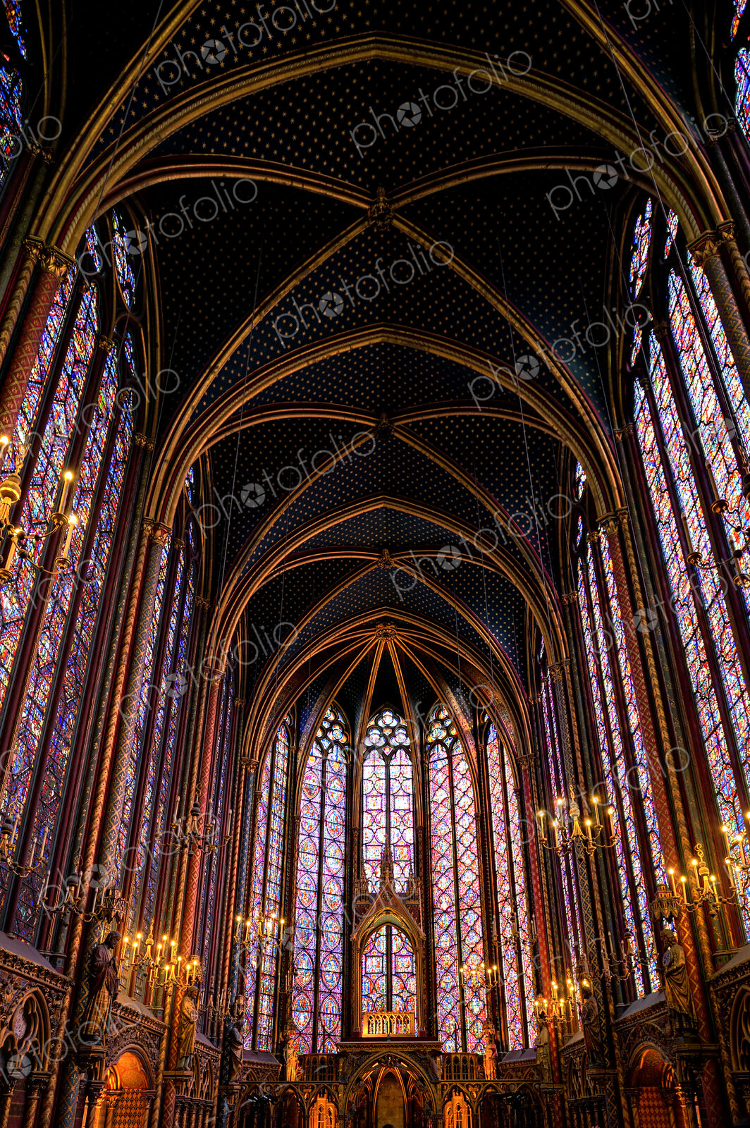 Arched roof of ornate St Chappelle cathedral, Paris, Ile-de-France, France