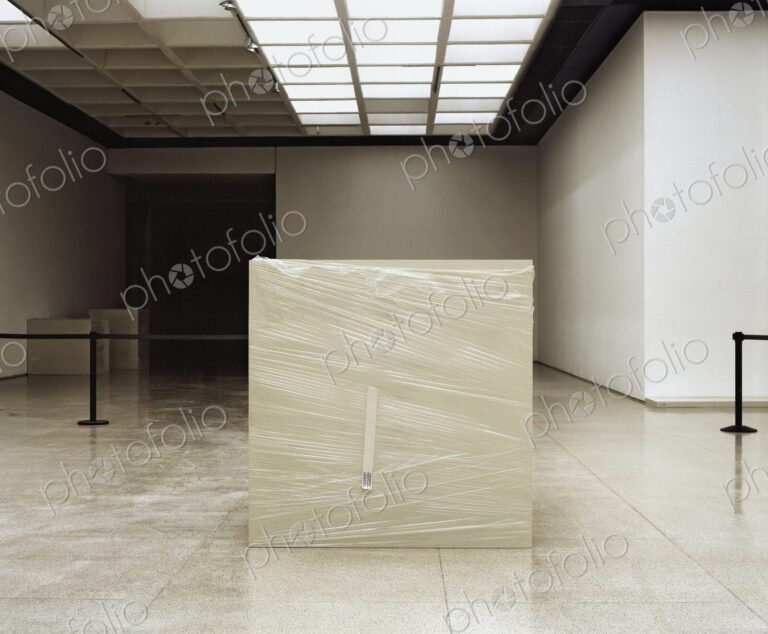 Art gallery space, ceiling light panels, marble floor tiles and exhibition plinth.