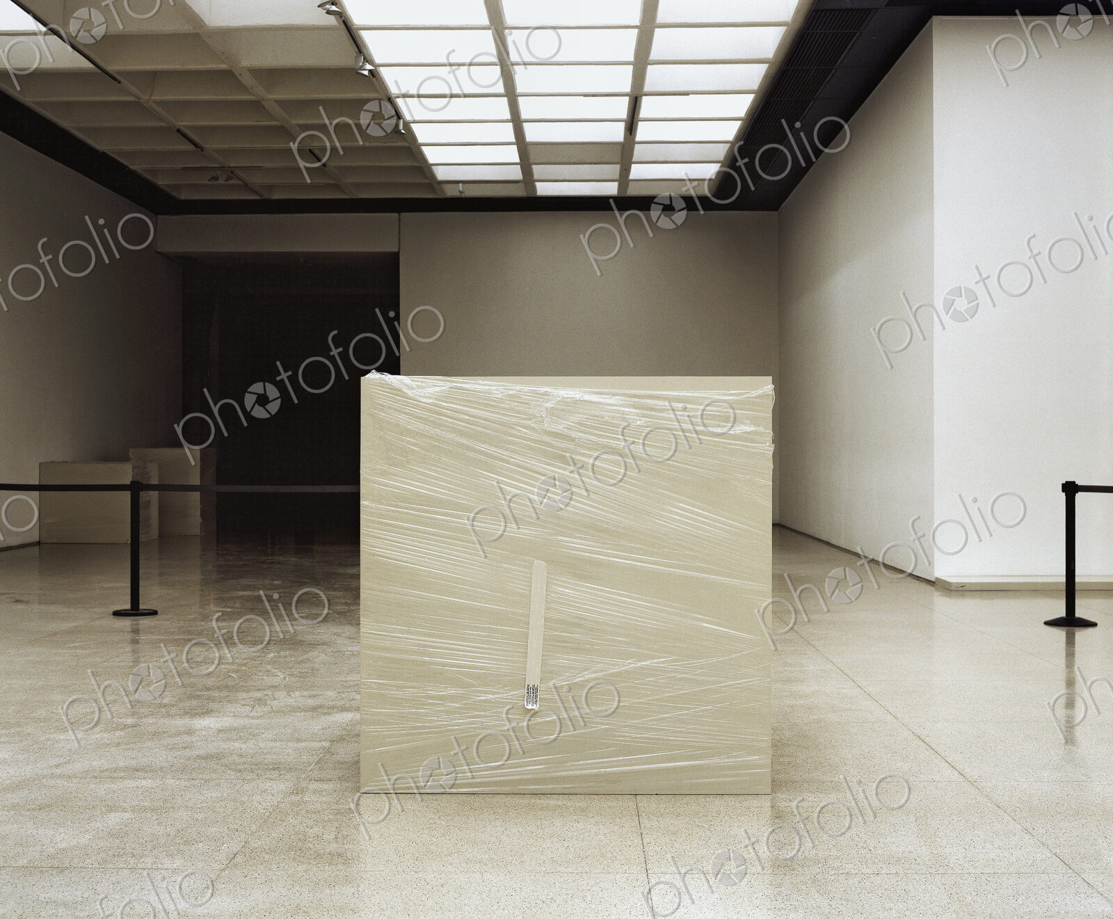 Art gallery space, ceiling light panels, marble floor tiles and exhibition plinth.