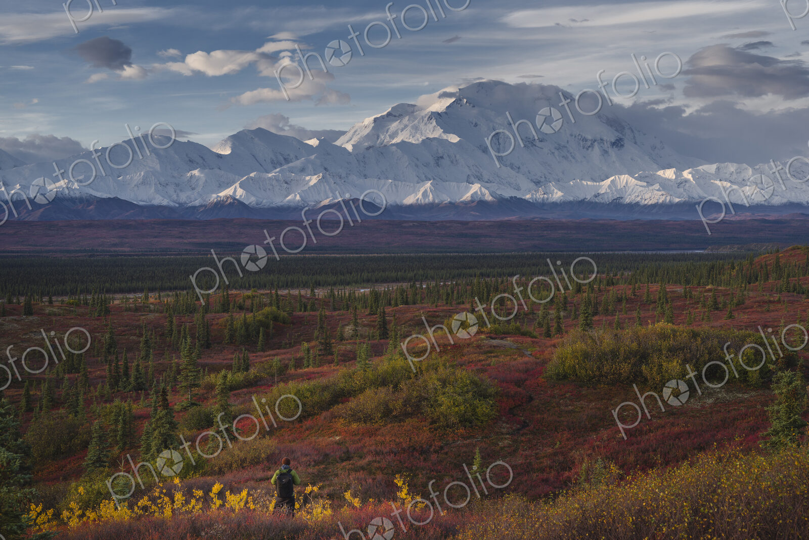 Asian hiker admiring scenic view of mountain range