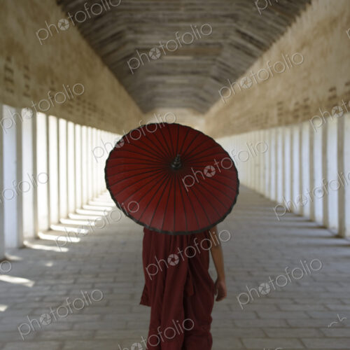 Asian monk-in-training carrying parasol in hallway Asian monk-in-training carrying parasol in hallway