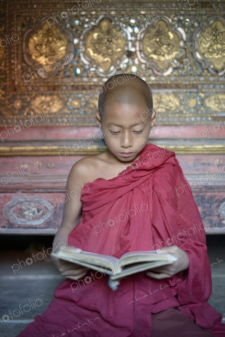 Asian monk-in-training reading book in temple
