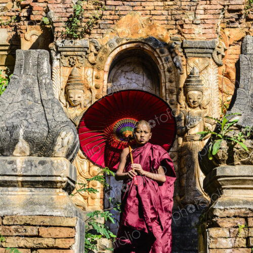 Asian monk-in-training with parasol walking on Buddhist shrine Asian monk-in-training with parasol walking on Buddhist shrine