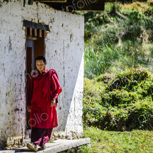 Asian monk walking by monastery doors Asian monk walking by monastery doors