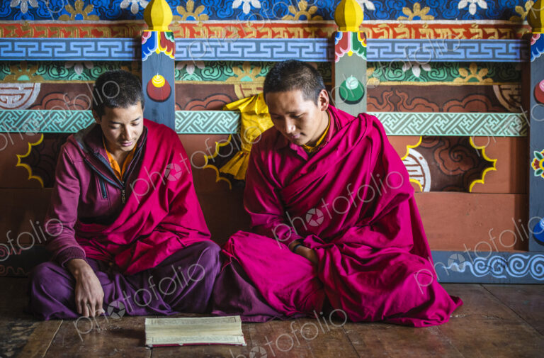 Asian monks reading on temple floor