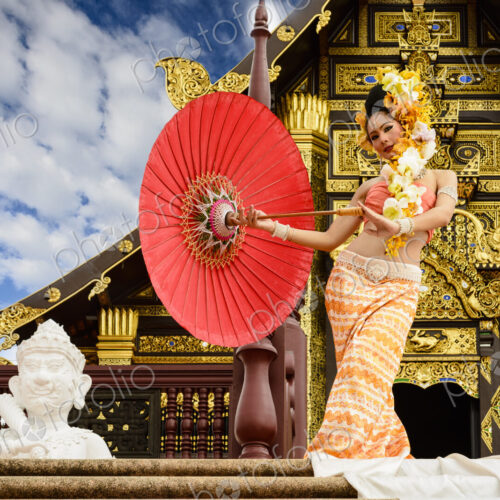 Asian woman with parasol on stairs of ornate Buddhist temple, Chiang Mai, Chiang Mai,… Asian woman with parasol on stairs of ornate Buddhist temple, Chiang Mai, Chiang Mai,…