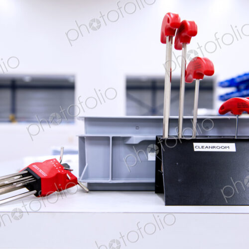 Assorted set of Allen keys on a table and in a designated stand in a clean room, used…