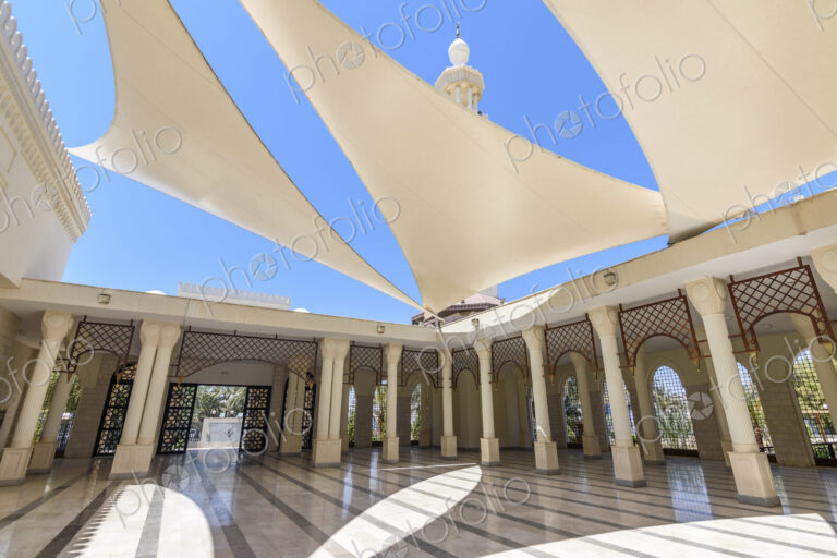 Atrium of a mosque with sun sails giving shade, Aqaba, Jordan.