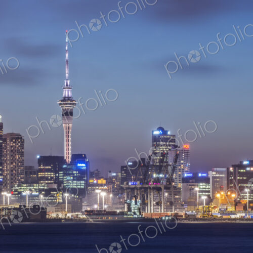 Auckland skyline lit up at night, New Zealand