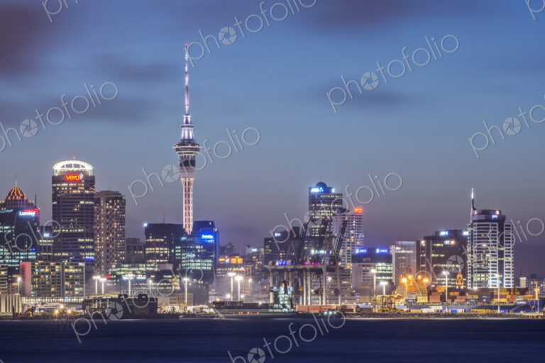 Auckland skyline lit up at night, New Zealand