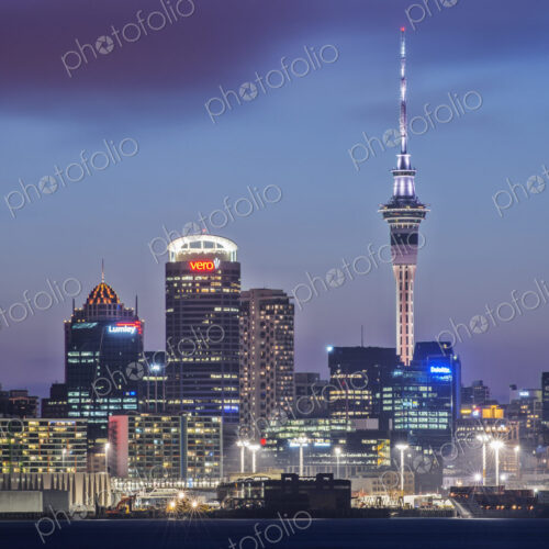 Auckland skyline lit up at night, New Zealand