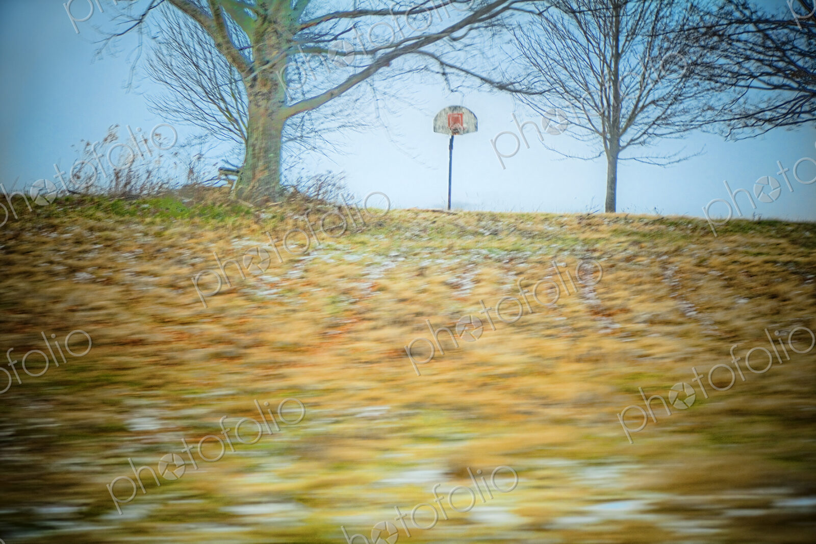 Autumn leaves blowing across a sports field.
