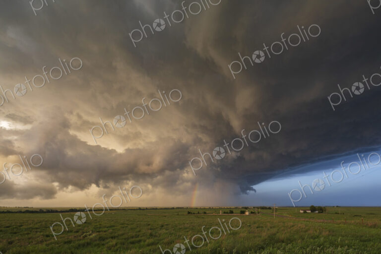 Back Side of a Tornado-Producing Supercell, blue sky on the horizon.